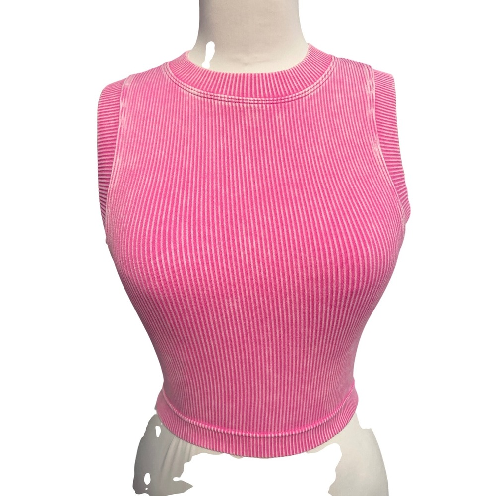Zenana Womens Pink Mineral Wash Ribbed Seamless Crop Tank Top NTW-6164A‎ S/M